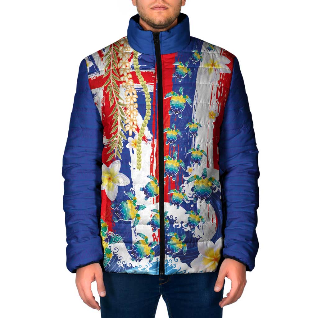 Hawaiian Sea Turtles and Plumeria Padded Jacket with Lei and Flag Grunge Style LT03 Men Multicolor - Polynesian Pride
