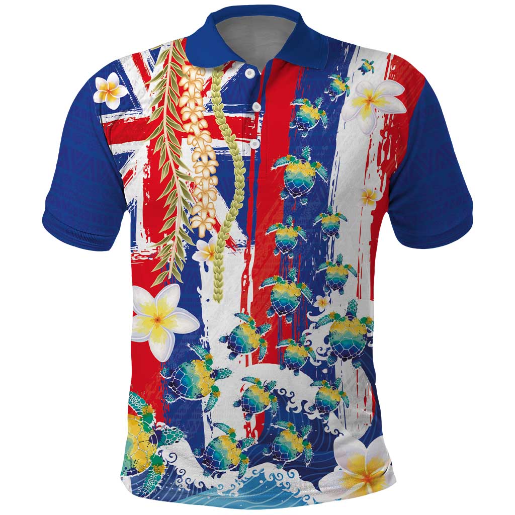 Hawaiian Sea Turtles and Plumeria Polo Shirt with Lei and Flag Grunge Style