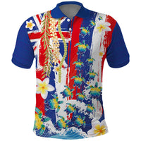 Hawaiian Sea Turtles and Plumeria Polo Shirt with Lei and Flag Grunge Style