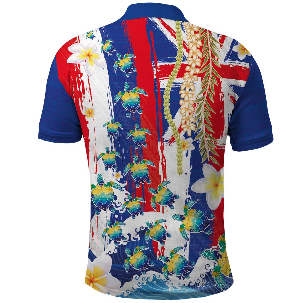 Hawaiian Sea Turtles and Plumeria Polo Shirt with Lei and Flag Grunge Style