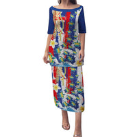 Hawaiian Sea Turtles and Plumeria Puletasi with Lei and Flag Grunge Style LT03 Long Dress Multicolor - Polynesian Pride