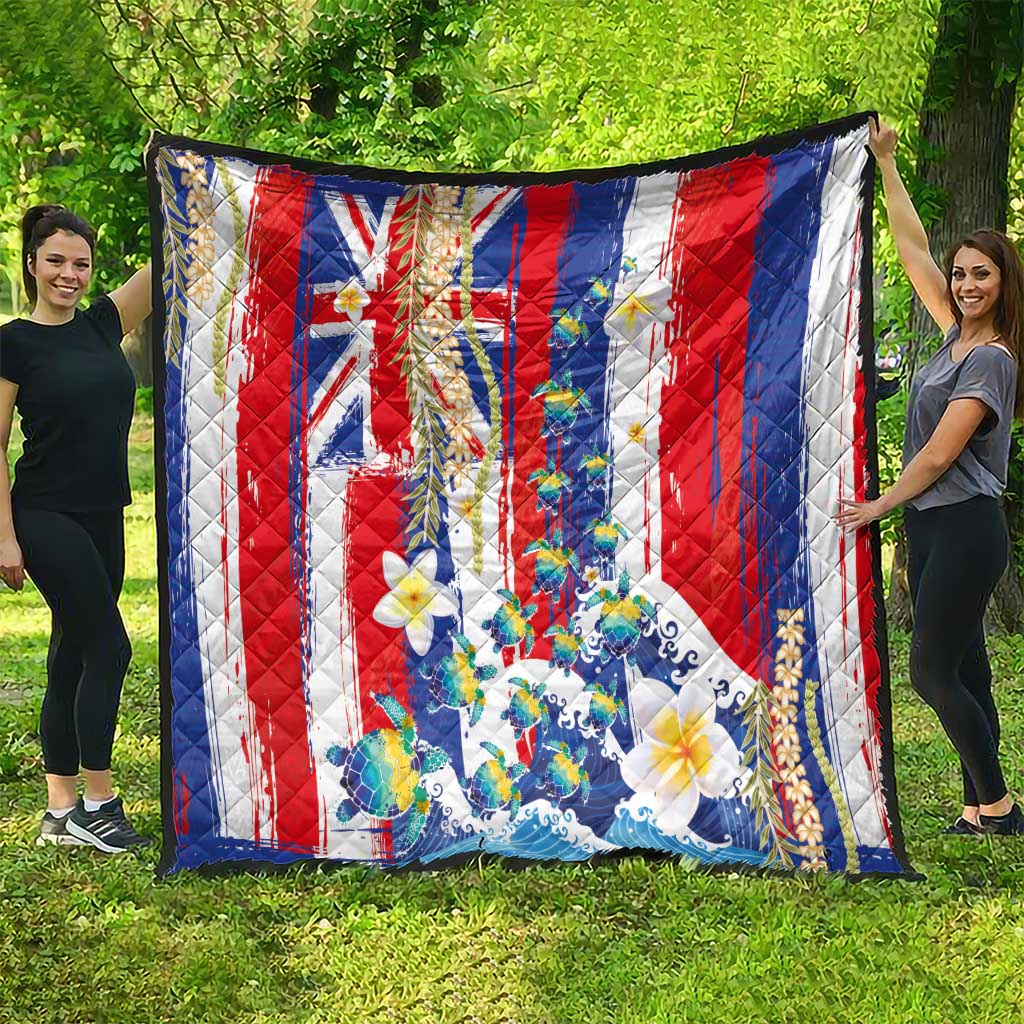 Hawaiian Sea Turtles and Plumeria Quilt with Lei and Flag Grunge Style LT03 - Polynesian Pride