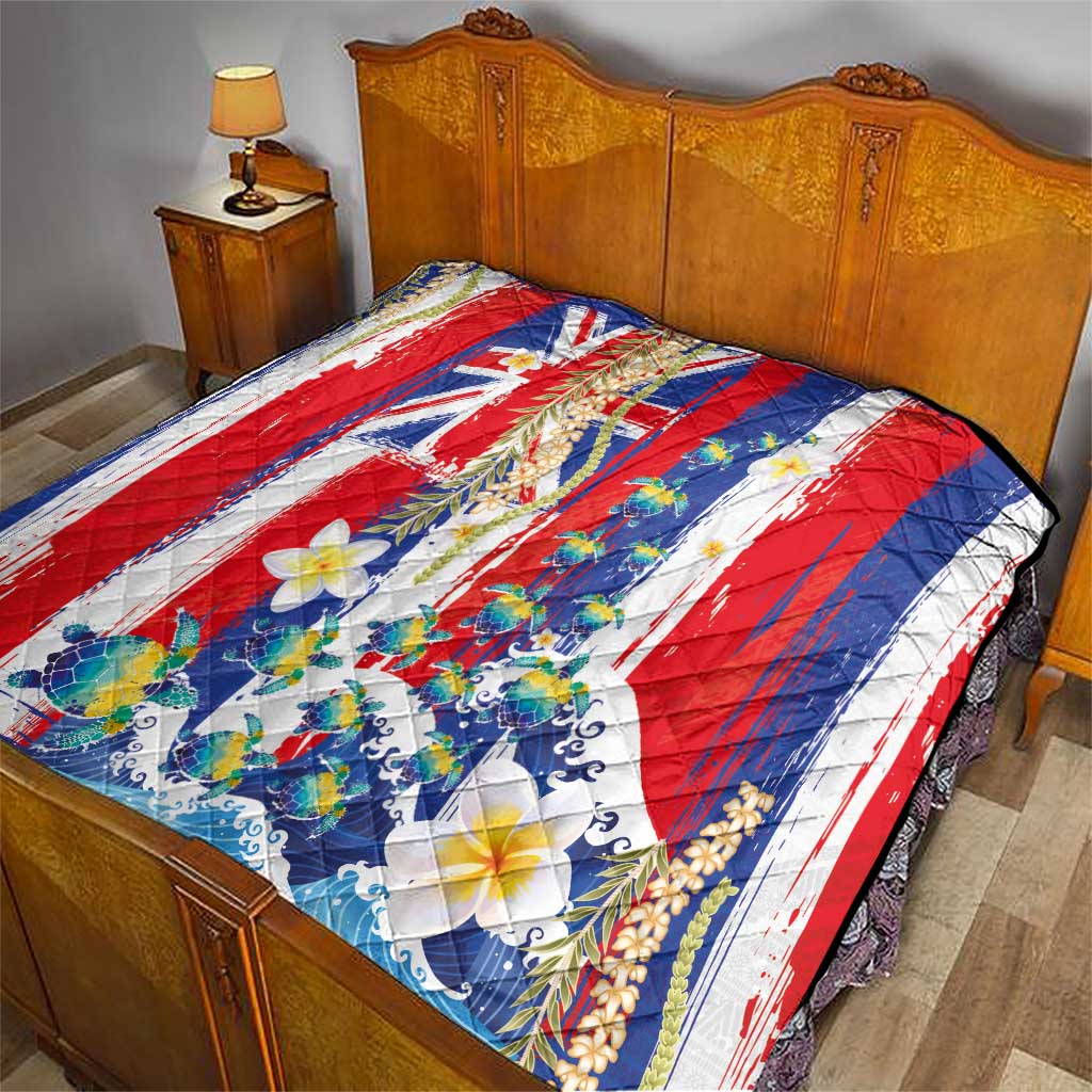 Hawaiian Sea Turtles and Plumeria Quilt with Lei and Flag Grunge Style LT03 - Polynesian Pride