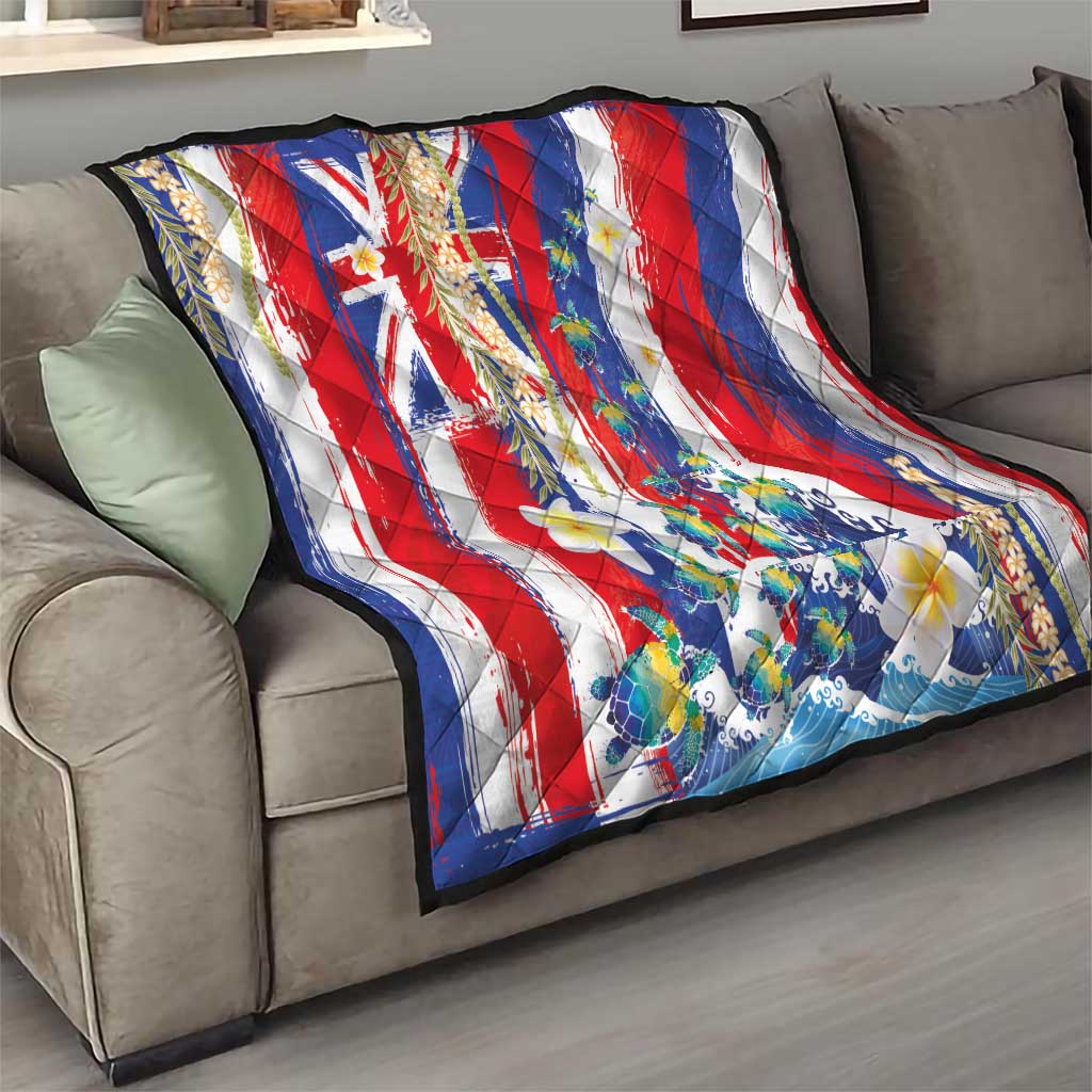 Hawaiian Sea Turtles and Plumeria Quilt with Lei and Flag Grunge Style LT03 - Polynesian Pride