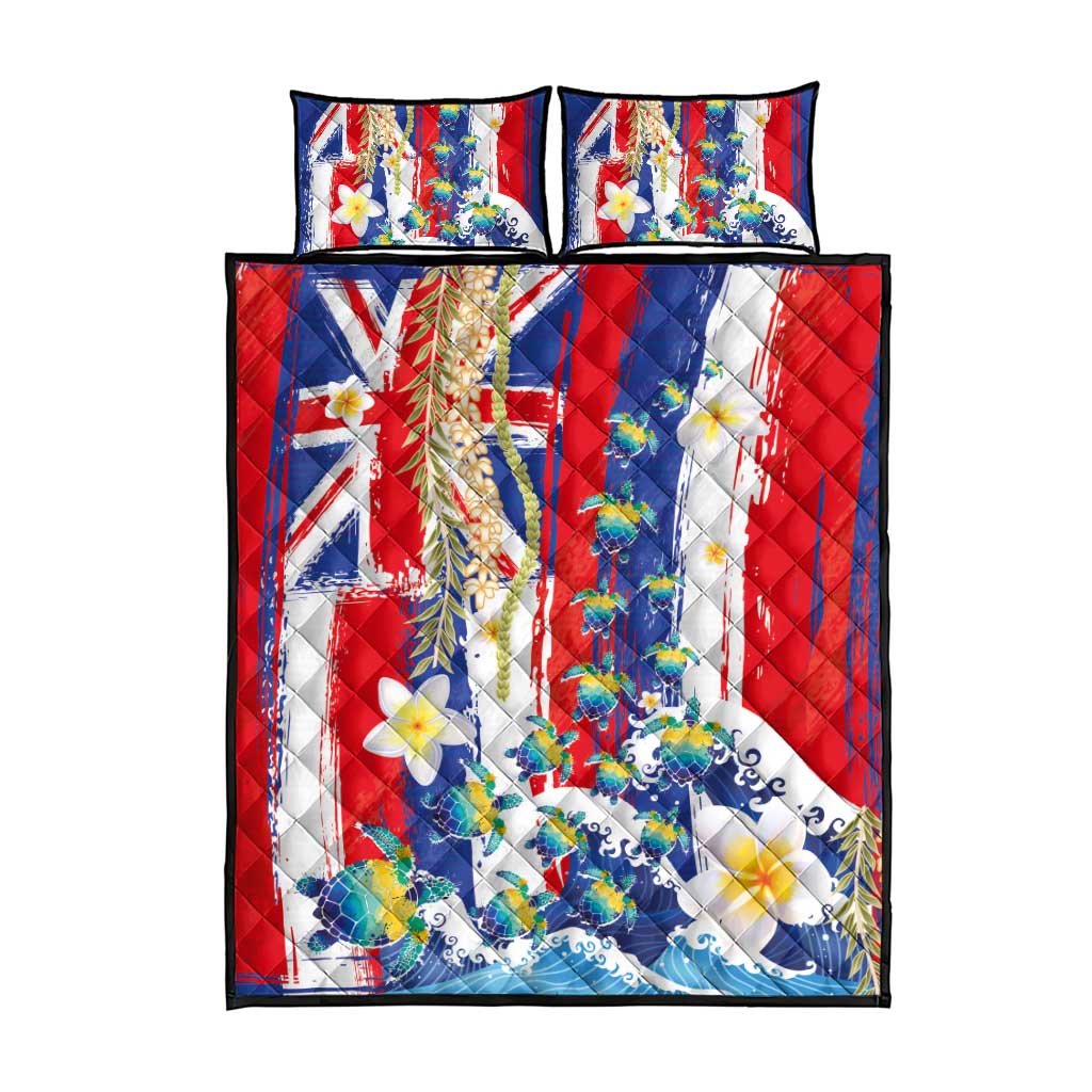 Hawaiian Sea Turtles and Plumeria Quilt Bed Set with Lei and Flag Grunge Style LT03 - Polynesian Pride
