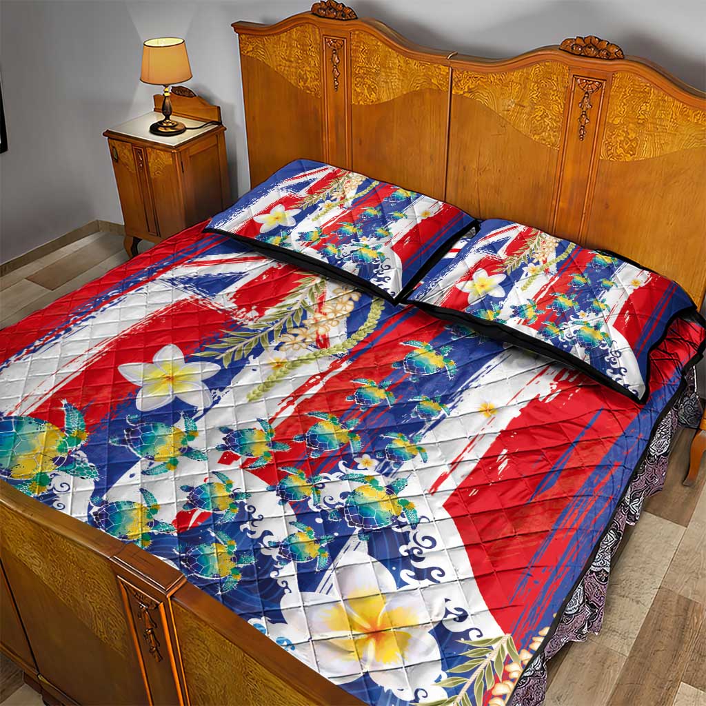 Hawaiian Sea Turtles and Plumeria Quilt Bed Set with Lei and Flag Grunge Style LT03 - Polynesian Pride