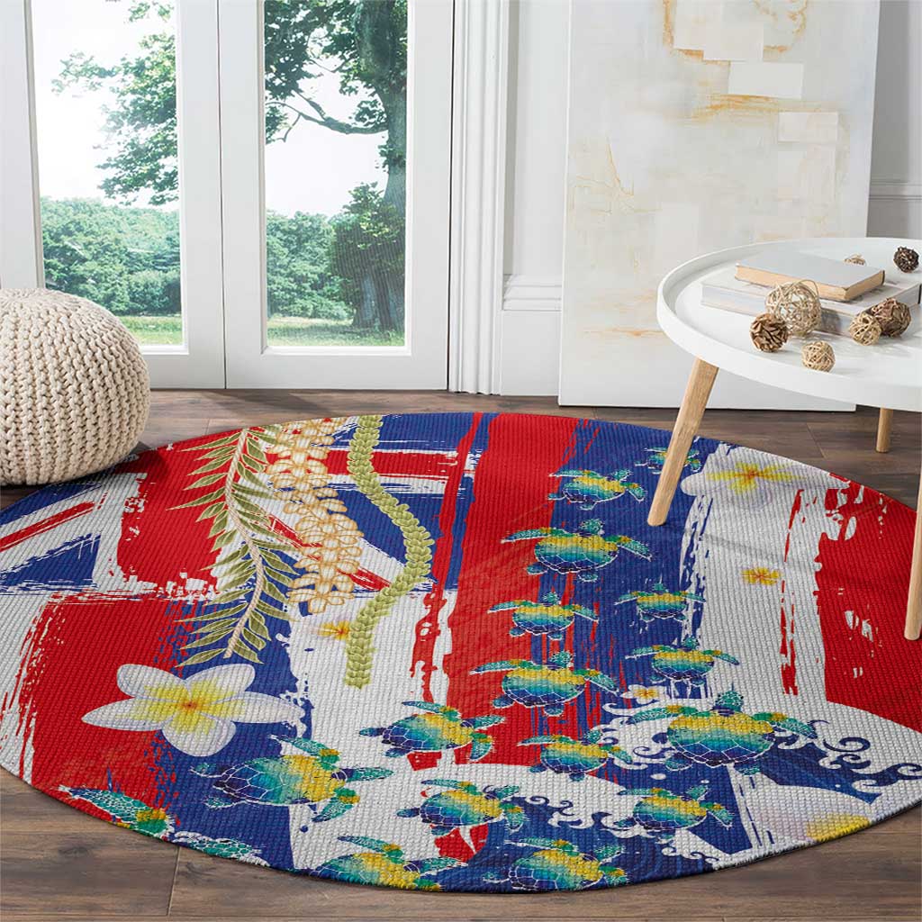 Hawaiian Sea Turtles and Plumeria Round Carpet with Lei and Flag Grunge Style LT03 - Polynesian Pride