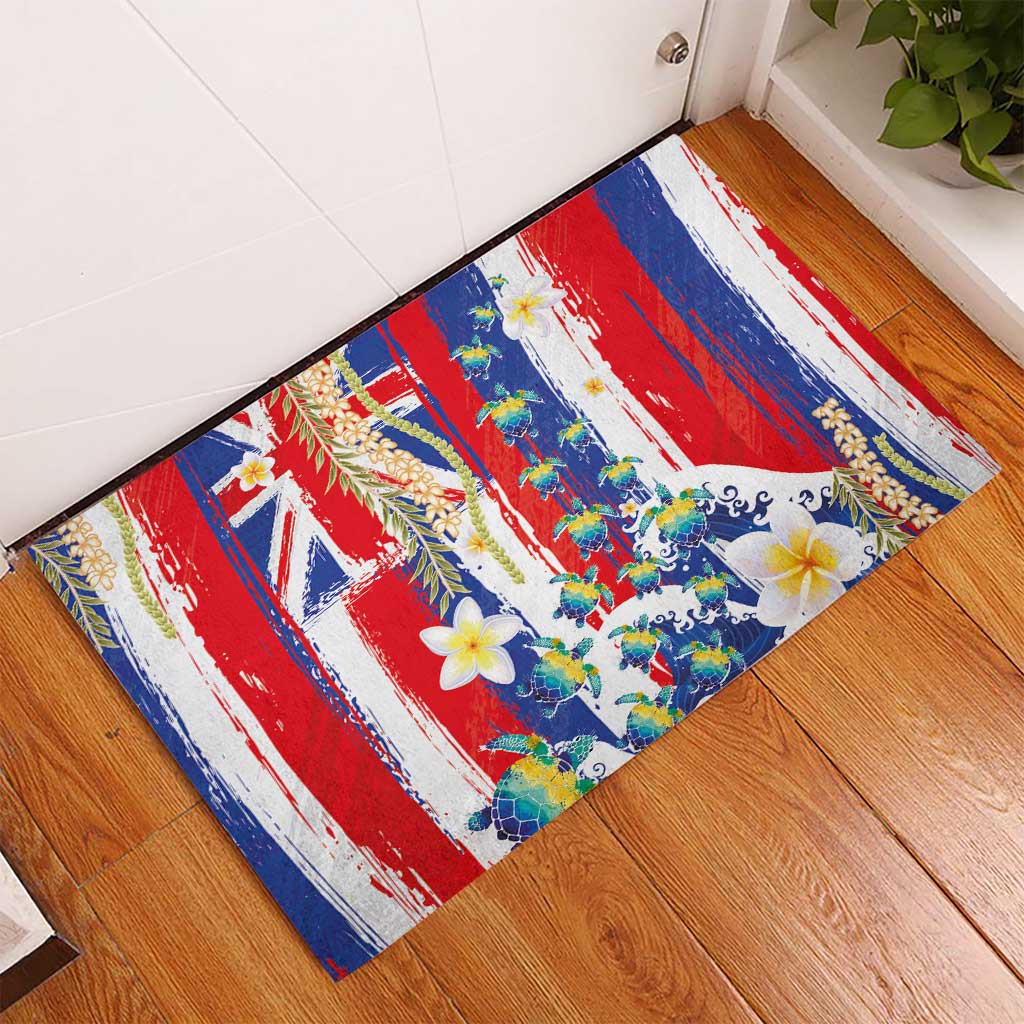 Hawaiian Sea Turtles and Plumeria Rubber Doormat with Lei and Flag Grunge Style LT03 - Polynesian Pride