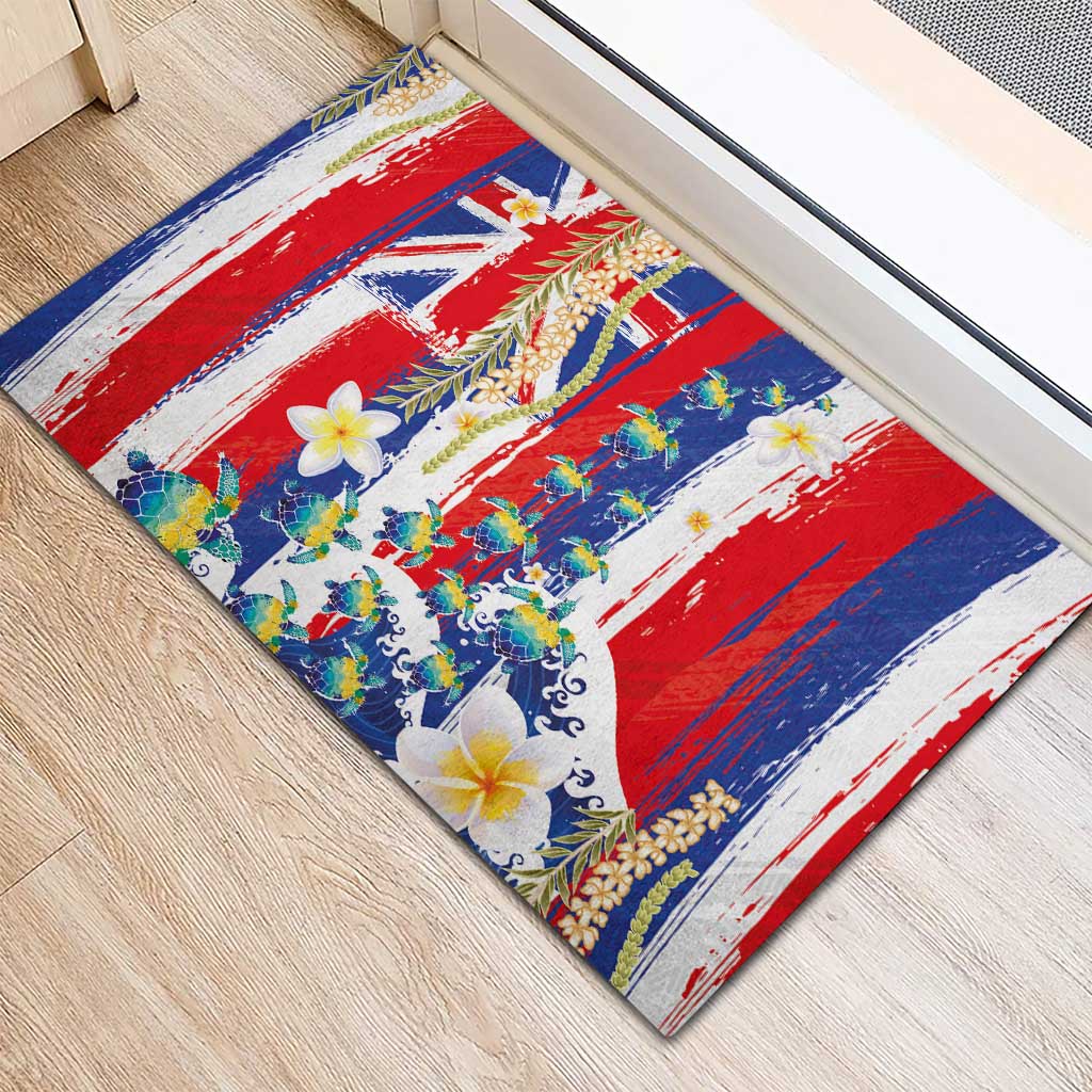 Hawaiian Sea Turtles and Plumeria Rubber Doormat with Lei and Flag Grunge Style LT03 - Polynesian Pride