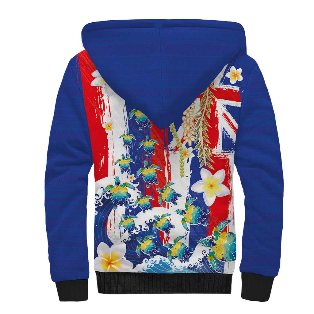 Hawaiian Sea Turtles and Plumeria Sherpa Hoodie with Lei and Flag Grunge Style