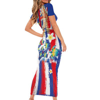 Hawaiian Sea Turtles and Plumeria Short Sleeve Bodycon Dress with Lei and Flag Grunge Style