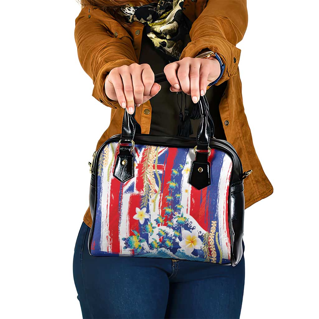 Hawaiian Sea Turtles and Plumeria Shoulder Handbag with Lei and Flag Grunge Style LT03 One Size Multicolor - Polynesian Pride