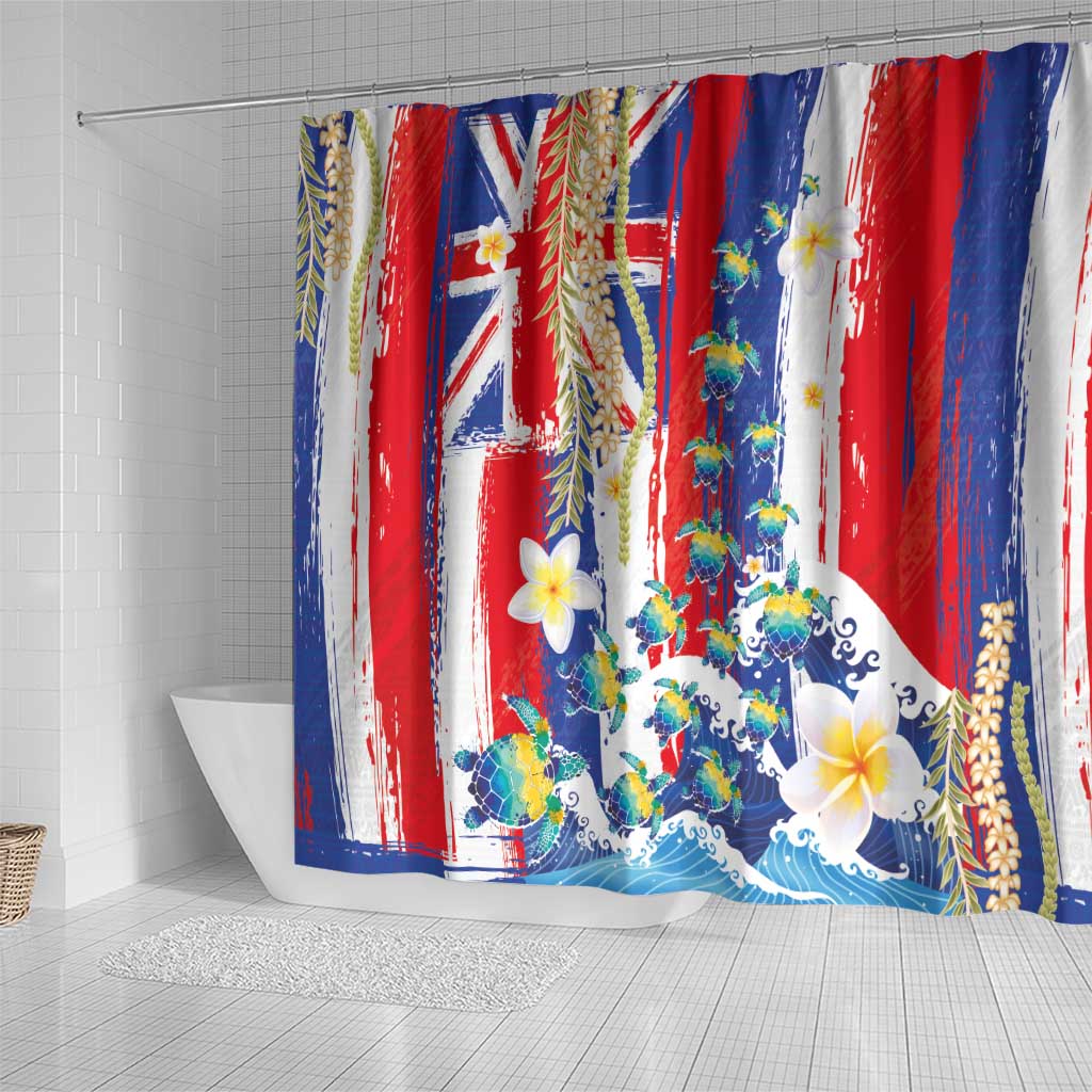 Hawaiian Sea Turtles and Plumeria Shower Curtain with Lei and Flag Grunge Style LT03 - Polynesian Pride
