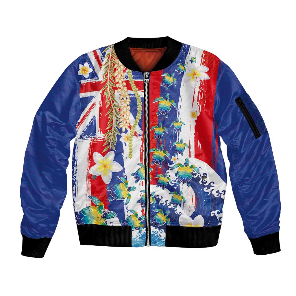 Hawaiian Sea Turtles and Plumeria Sleeve Zip Bomber Jacket with Lei and Flag Grunge Style LT03 Unisex Multicolor - Polynesian Pride