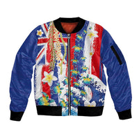 Hawaiian Sea Turtles and Plumeria Sleeve Zip Bomber Jacket with Lei and Flag Grunge Style LT03 Unisex Multicolor - Polynesian Pride