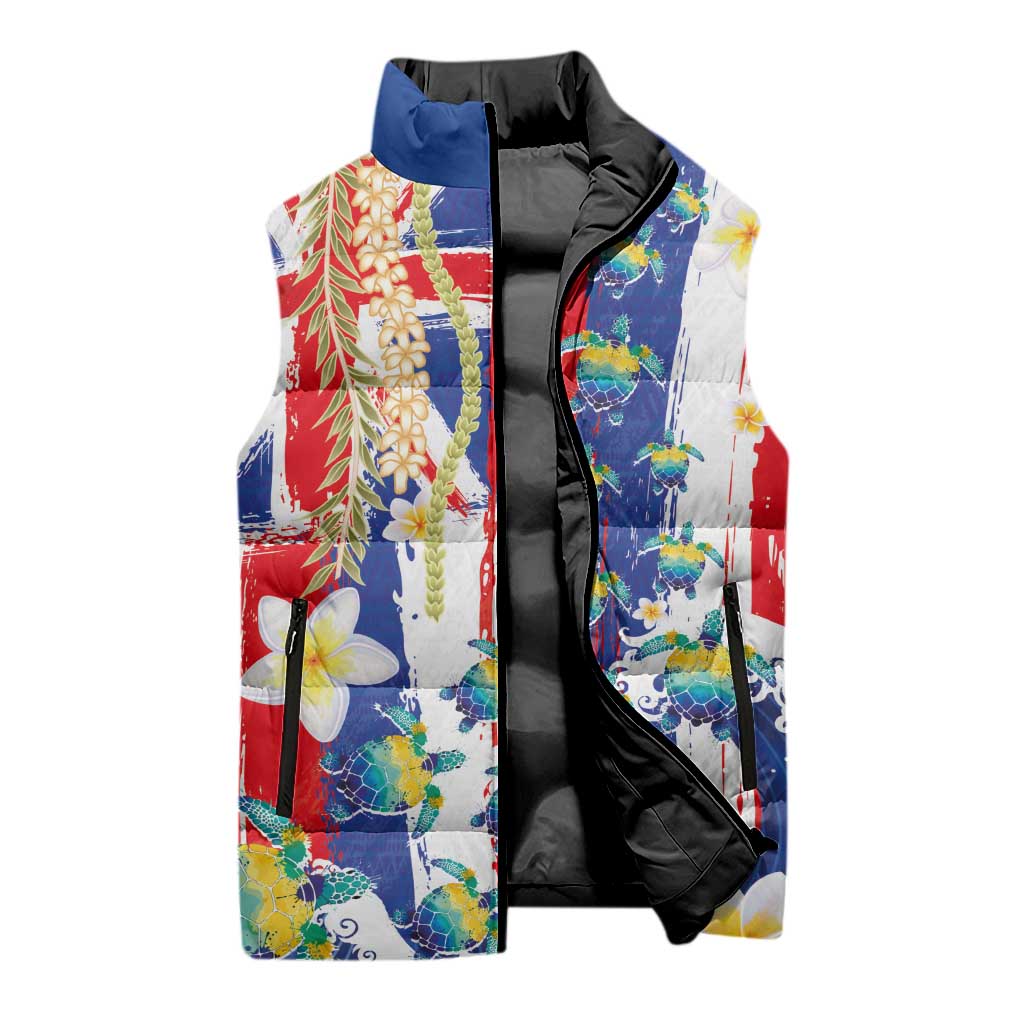 Hawaiian Sea Turtles and Plumeria Sleeveless Puffer Jacket with Lei and Flag Grunge Style LT03 - Polynesian Pride