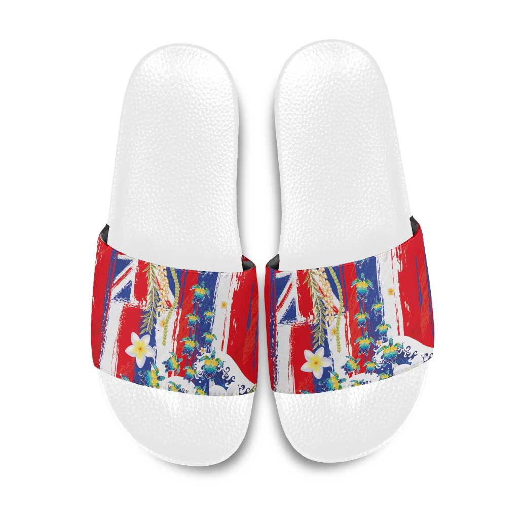 Hawaiian Sea Turtles and Plumeria Slide Sandals with Lei and Flag Grunge Style LT03 Multicolor - Polynesian Pride