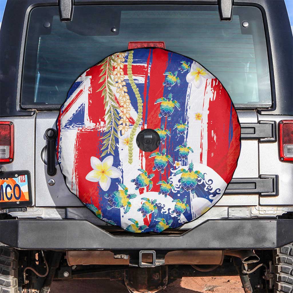 Hawaiian Sea Turtles and Plumeria Spare Tire Cover with Lei and Flag Grunge Style LT03 Multicolor - Polynesian Pride