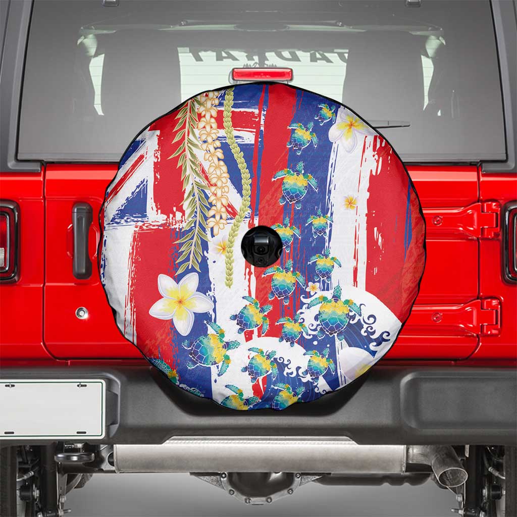 Hawaiian Sea Turtles and Plumeria Spare Tire Cover with Lei and Flag Grunge Style LT03 - Polynesian Pride