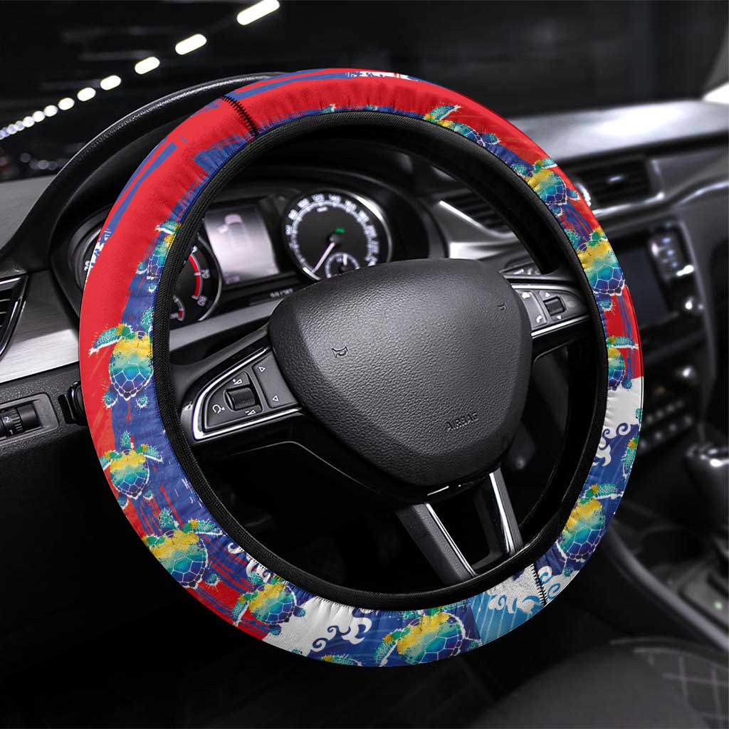 Hawaiian Sea Turtles and Plumeria Steering Wheel Cover with Lei and Flag Grunge Style LT03 Universal Fit Multicolor - Polynesian Pride