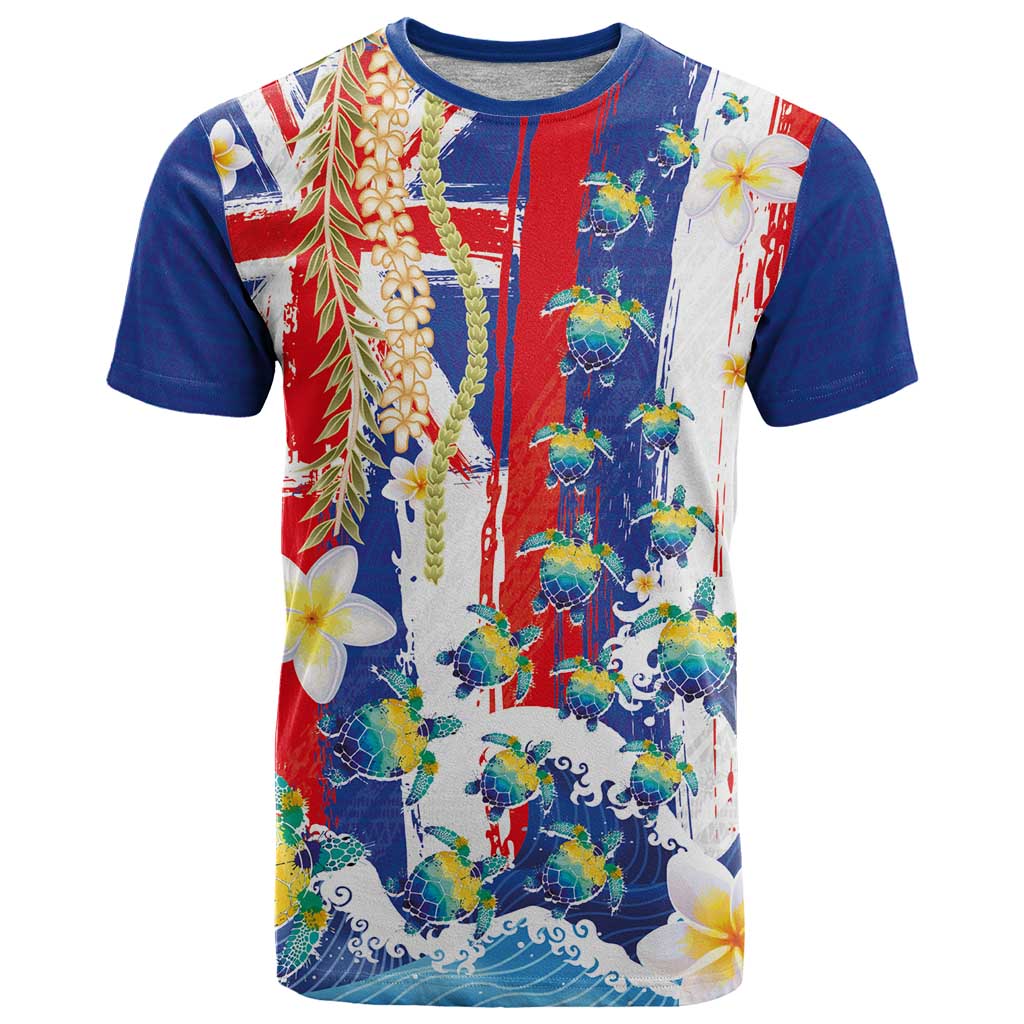 Hawaiian Sea Turtles and Plumeria T Shirt with Lei and Flag Grunge Style LT03 Multicolor - Polynesian Pride