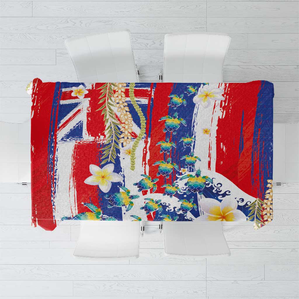 Hawaiian Sea Turtles and Plumeria Tablecloth with Lei and Flag Grunge Style