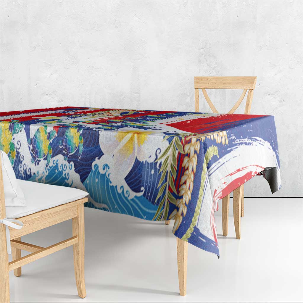 Hawaiian Sea Turtles and Plumeria Tablecloth with Lei and Flag Grunge Style