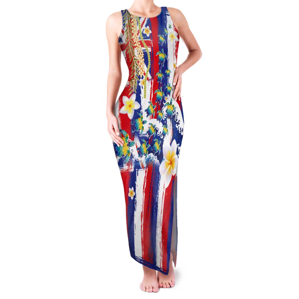 Hawaiian Sea Turtles and Plumeria Tank Maxi Dress with Lei and Flag Grunge Style LT03 Women Multicolor - Polynesian Pride