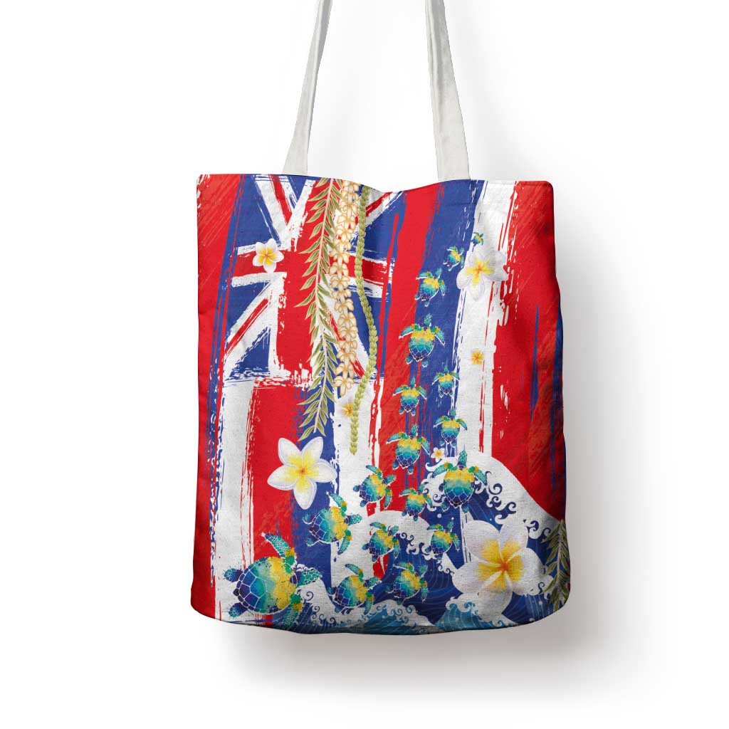 Hawaiian Sea Turtles and Plumeria Tote Bag with Lei and Flag Grunge Style LT03 - Polynesian Pride