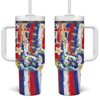 Hawaiian Sea Turtles and Plumeria Tumbler With Handle with Lei and Flag Grunge Style LT03 One Size: 40 oz Multicolor - Polynesian Pride