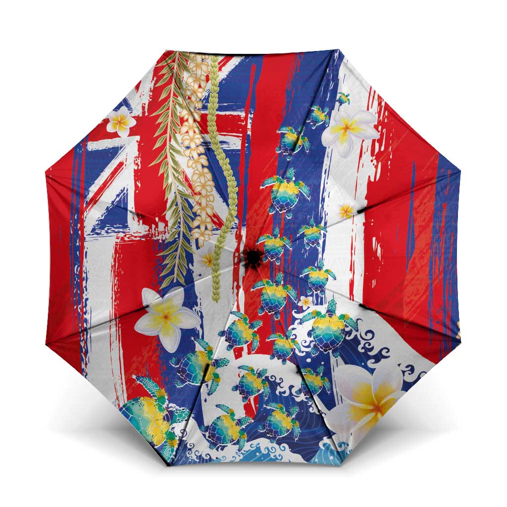 Hawaiian Sea Turtles and Plumeria Umbrella with Lei and Flag Grunge Style LT03 One Size Folded 11.42 inch Opened Diameter 37.4 inch Multicolor - Polynesian Pride