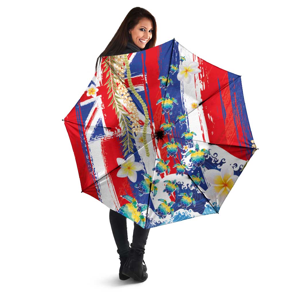 Hawaiian Sea Turtles and Plumeria Umbrella with Lei and Flag Grunge Style LT03 - Polynesian Pride