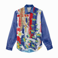 Hawaiian Sea Turtles and Plumeria Women Casual Shirt with Lei and Flag Grunge Style
