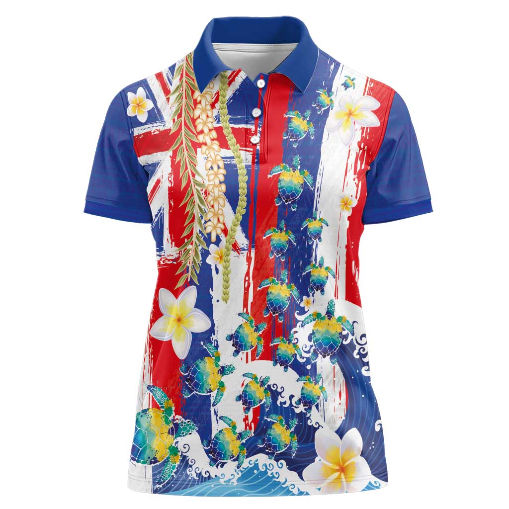 Hawaiian Sea Turtles and Plumeria Women Polo Shirt with Lei and Flag Grunge Style