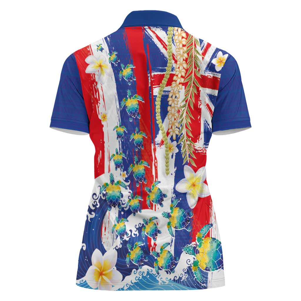 Hawaiian Sea Turtles and Plumeria Women Polo Shirt with Lei and Flag Grunge Style
