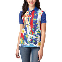 Hawaiian Sea Turtles and Plumeria Women Polo Shirt with Lei and Flag Grunge Style