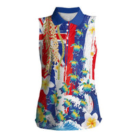 Hawaiian Sea Turtles and Plumeria Women Sleeveless Polo Shirt with Lei and Flag Grunge Style