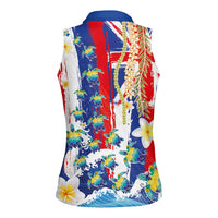Hawaiian Sea Turtles and Plumeria Women Sleeveless Polo Shirt with Lei and Flag Grunge Style