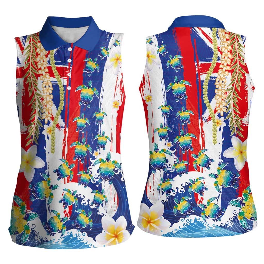 Hawaiian Sea Turtles and Plumeria Women Sleeveless Polo Shirt with Lei and Flag Grunge Style