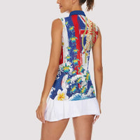 Hawaiian Sea Turtles and Plumeria Women Sleeveless Polo Shirt with Lei and Flag Grunge Style