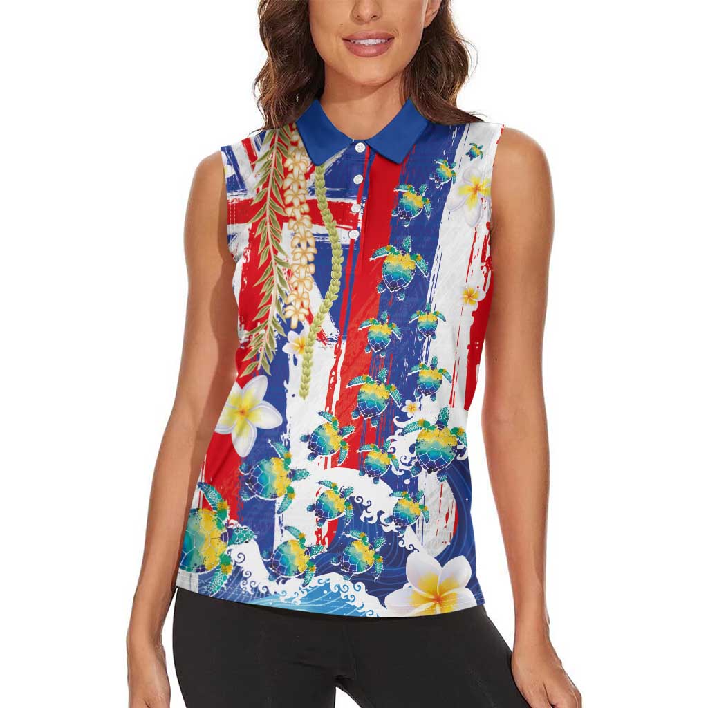 Hawaiian Sea Turtles and Plumeria Women Sleeveless Polo Shirt with Lei and Flag Grunge Style