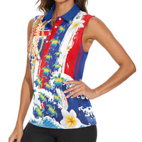 Hawaiian Sea Turtles and Plumeria Women Sleeveless Polo Shirt with Lei and Flag Grunge Style