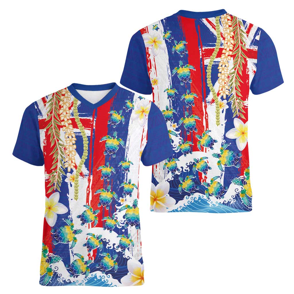 Hawaiian Sea Turtles and Plumeria Women V-Neck T-Shirt with Lei and Flag Grunge Style LT03 - Polynesian Pride