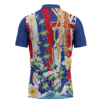 Hawaiian Sea Turtles and Plumeria Zipper Polo Shirt with Lei and Flag Grunge Style