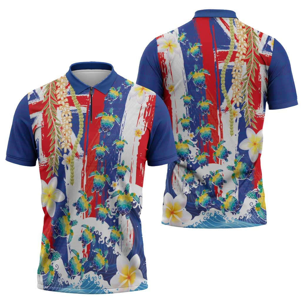 Hawaiian Sea Turtles and Plumeria Zipper Polo Shirt with Lei and Flag Grunge Style