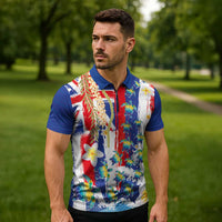 Hawaiian Sea Turtles and Plumeria Zipper Polo Shirt with Lei and Flag Grunge Style