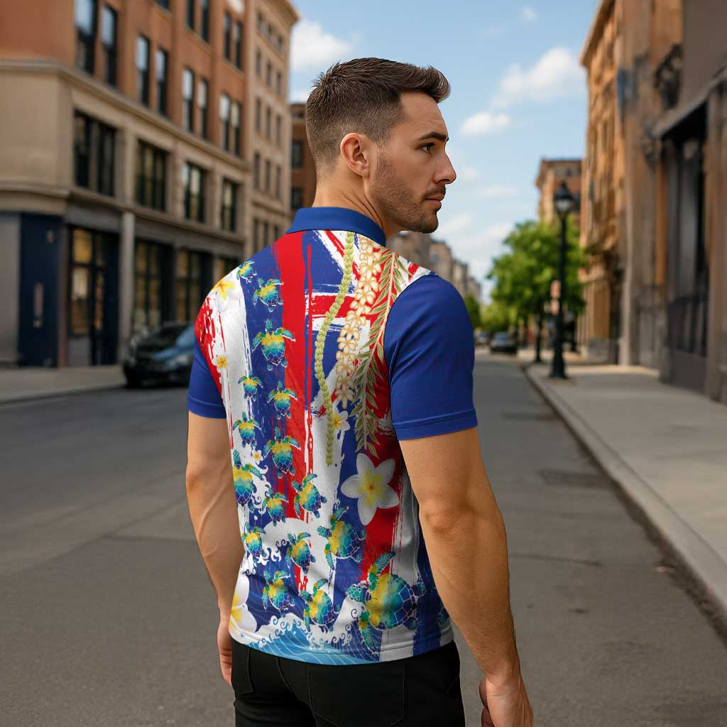 Hawaiian Sea Turtles and Plumeria Zipper Polo Shirt with Lei and Flag Grunge Style