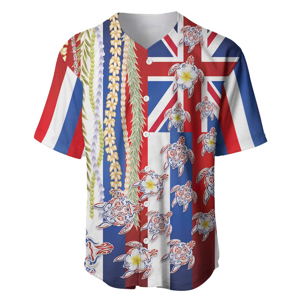 Hawaiian Polynesian Tribal Turtles Baseball Jersey with Lei and Flag Style