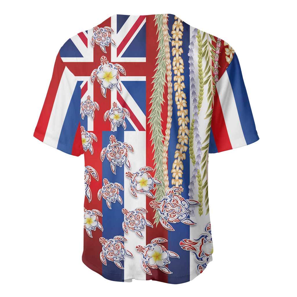 Hawaiian Polynesian Tribal Turtles Baseball Jersey with Lei and Flag Style