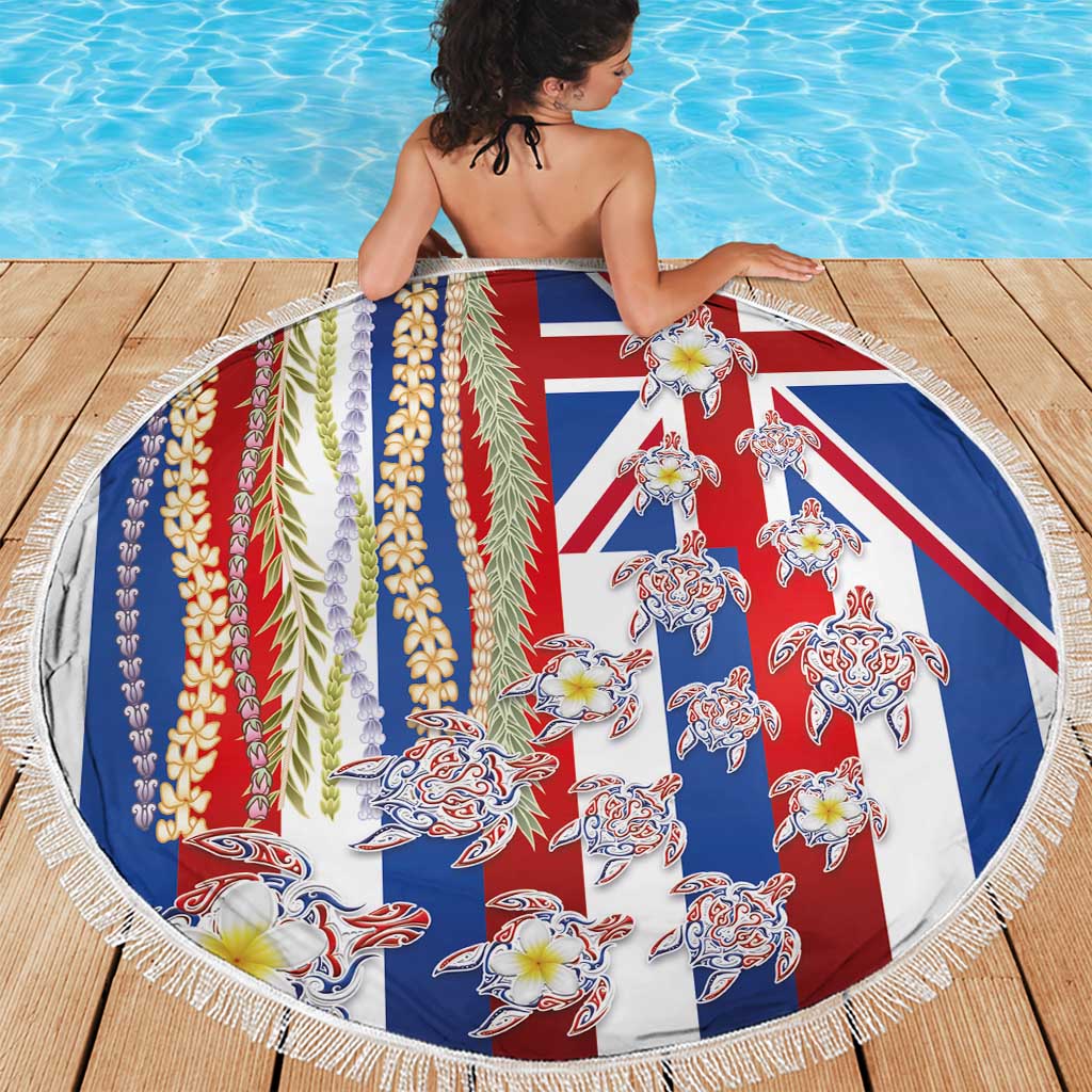 Hawaiian Polynesian Tribal Turtles Beach Blanket with Lei and Flag Style